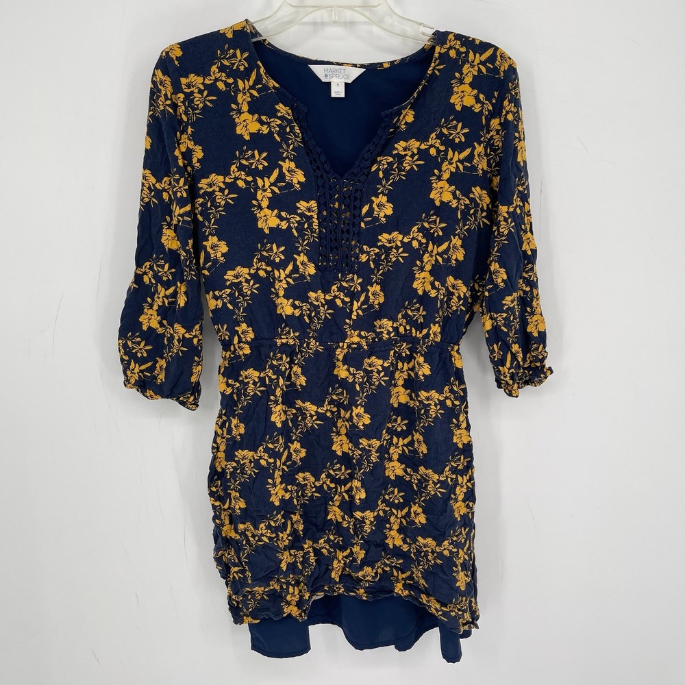 Market & Spruce Women's Blue Floral Prim Crochet V-Neck Boho Mini Dress Size M